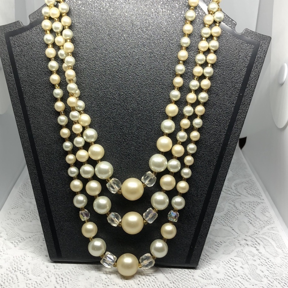 Vintage Japan Triple Multi Layer Faux Pearls Necklace Dressy Costume Jewelry.